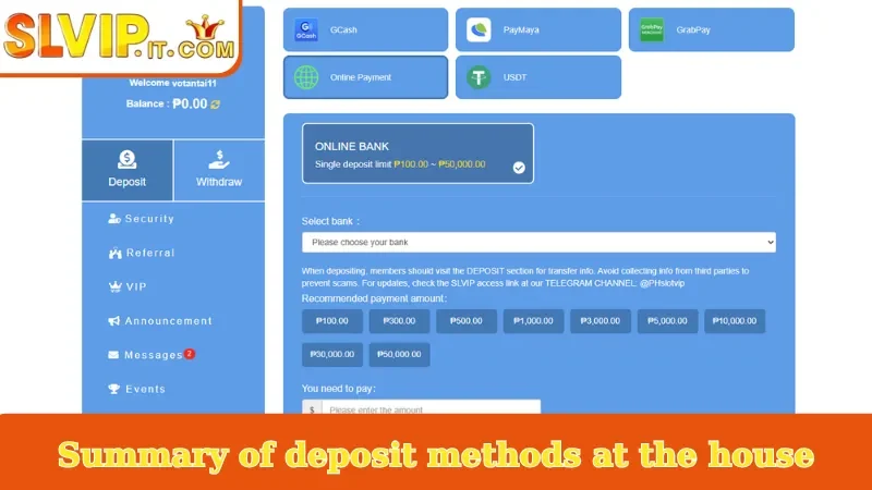 Summary of deposit methods at the house